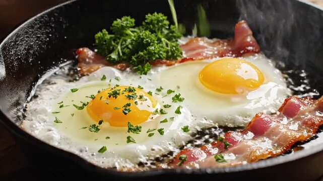 Two fried eggs and bacon are cooking in an iron skillet garnished with parsley