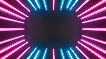 Bright neon lights create vibrant background with pink and blue rays radiating outward
