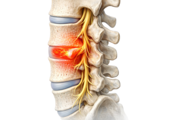 Human lumbar spine anatomy with vertebrae intervertebral discs spinal nerves and herniated disc pain detailed medical illustration isolated on white background