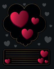 Luxury black Valentine card with gold frame and red hearts for romantic message