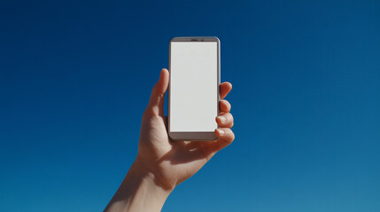 雲がない快晴の青空をバックに、白い画面のスマートフォンを高く掲げる手を正面から捉えている写真、モックアップ