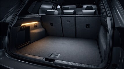 Spacious Car Trunk Interior with Folded Seats and Interior Lighting, Ideal for Travel and Cargo