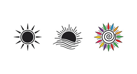 Fototapeta premium Collection of three sun symbols including a classic radiant sun, a sun over waves, and a colorful spiral sun design.