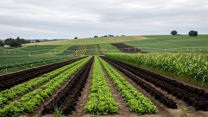 Obraz premium Vast agricultural fields with rows of fresh lettuce and corn under a cloudy sky, showcasing a bountiful harvest