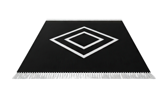 Black rug with white geometric diamond pattern and fringe - Powered by Adobe