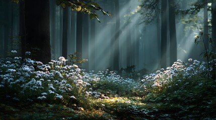 Magical sunbeams streaming through a dense forest canopy illuminating a patch of small white flowers on the misty enchanted forest floor.
