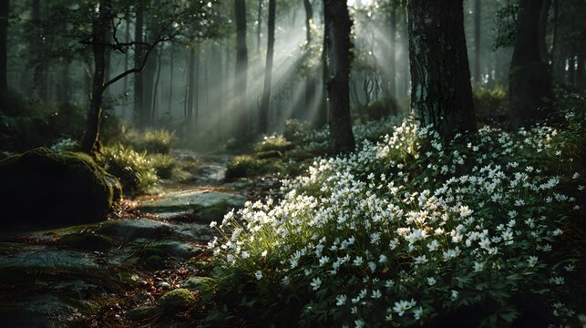 Magical sunbeams streaming through a dense forest canopy illuminating a patch of small white flowers on the misty enchanted forest floor. - Powered by Adobe