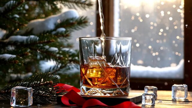Close-up of a glass of whiskey with ice cubes, green pine branches, and festive decorations against a softly illuminated winter window