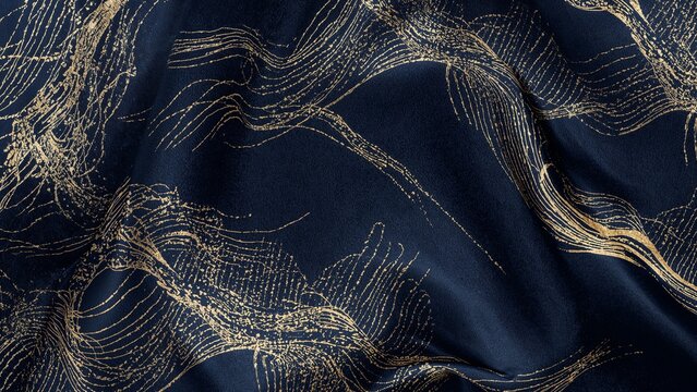Contemporary silk pattern inspired by oriental brush strokes and flowing lines in gold on dark navy silk. Fusion of tradition and modern luxury fashion.
