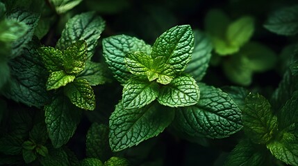 Top-down view of fresh lush green mint and herb leaves displaying rich textures and veins in a vibrant natural organic garden palette.
