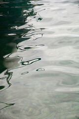 Calm water surface displaying soft ripples and distorted abstract reflections of nearby structures and light in vertical composition