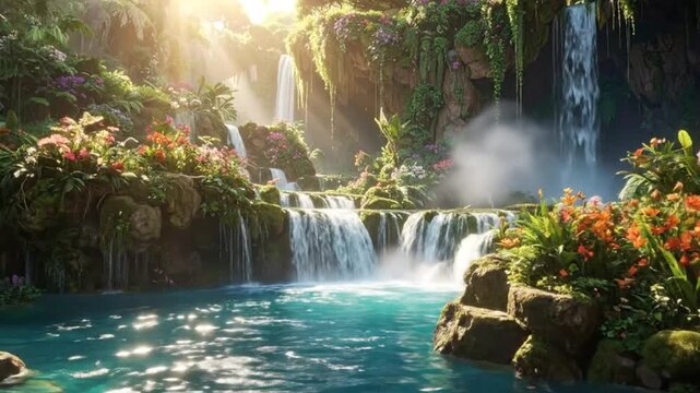 Lush tropical paradise with cascading waterfalls and vibrant flowers in a serene setting.
