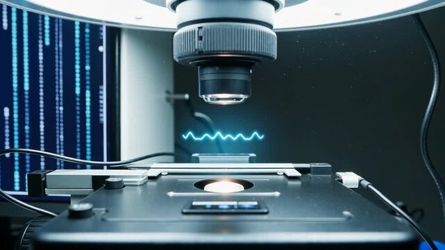 High-tech microscope setup capturing digital images, illuminated with blue light and displaying digital data on a screen