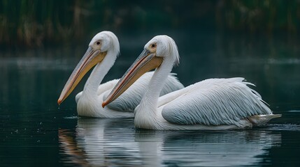 Two white pelicans swimming gracefully in a dark green pond with detailed feathers and long beaks creating ripples in the water.