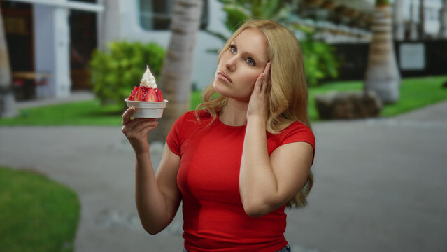 Young woman outdoors holding ice cream with strawberries on a city street in a casual red shirt, looking contemplative amid palm trees and urban surroundings.