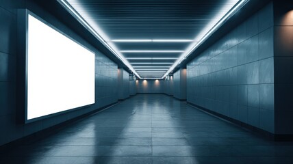 Fototapeta premium Blank Billboard Mockup in Modern Underground Passage, Advertisement Space, Urban Environment, Blue Tones