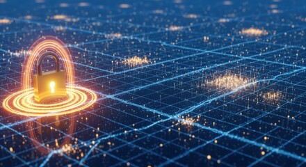 Cybersecurity Lock Icon Glowing on Digital Grid Background, Representing Data Protection and Network Security