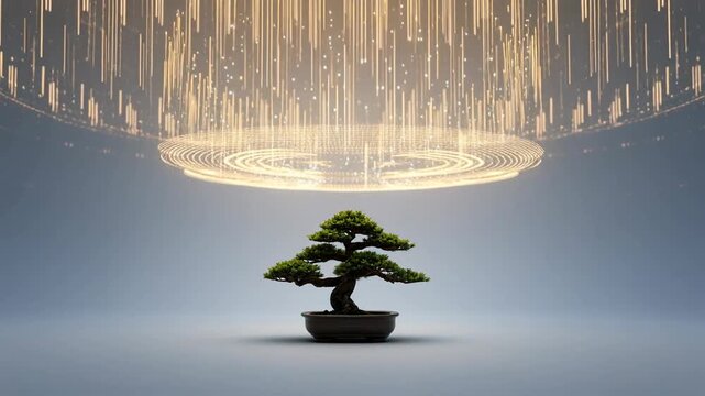 A beautifully illuminated bonsai tree surrounded by glowing golden light effects and symmetrical geometric patterns in a serene atmosphere
