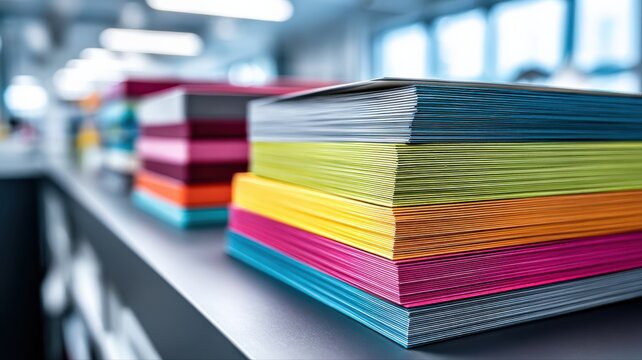 Stacks of Colorful Paper on a Shelf: Printing, Crafting, and Office Supplies