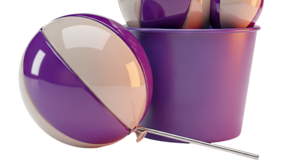 Purple and beige inflatable beach ball next to a bucket