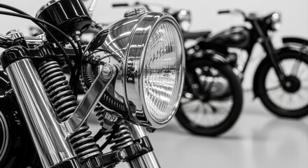 Fototapeta premium Classic Motorcycle Headlight Detail in Black and White: Vintage Vehicle Design and Chrome Accents
