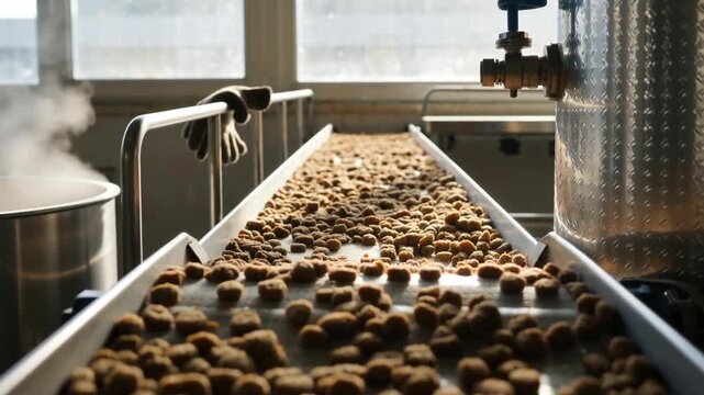 Industrial food production process showing a conveyor belt filled with pet food granules in a bright facility