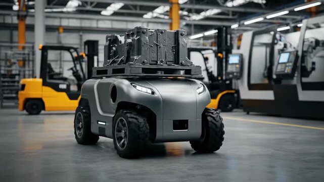 A small, electric vehicle carries a heavy load in a large factory