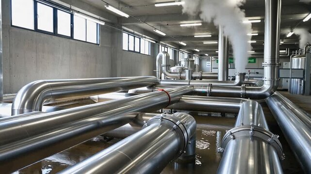 Industrial setting featuring metallic piping systems with steam rising, showcasing a functional workspace with modern design