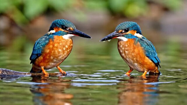 Two vivid kingfishers with blue upperparts and orange chests splash water, facing each other, vivid.'