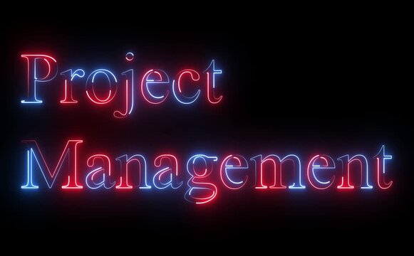 Glowing neon project management text icon animates with pulsing light, smooth looping motion, futuristic colors, symbolizing planning, collaboration, timelines, productivity, digital tools, modern bra