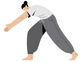 A stylized illustration depicts a woman in yoga pants performing a stretch, celebrating wellness. Modern, minimalist design with soft colors and a focus on comfort and movement.