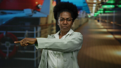 Woman gesturing forward on boat with sea background and pointing confidently while making an assertive expression outdoors.