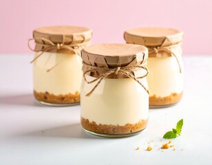 Mini cheesecakes in glass jars with kraft paper lid and string tie