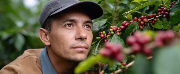 The coffee grower gently picks juicy coffee cherries from the bush