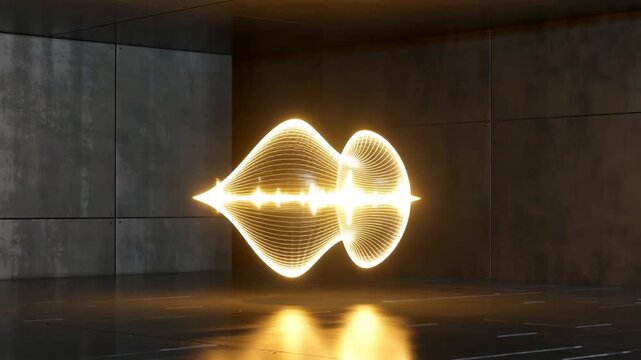 A mesmerizing light wave pattern pulsating in a modern, industrial space with reflective surfaces and soft shadows