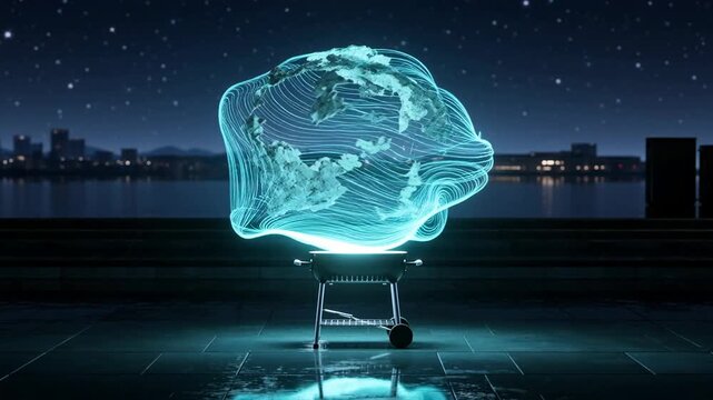 A mesmerizing light installation with glowing blue patterns emerging from a central point, set against a night skyline with stars