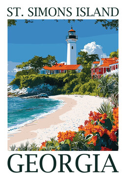 Vector illustration of St. Simons Island Lighthouse and surrounding coastal buildings on a sunny day in Georgia, with a beautiful sandy beach and ocean in the foreground.