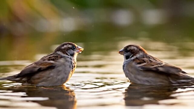 Two small brown sparrows wade in sunlit water facing each other amid shimmering reflections at dusk