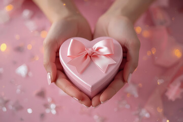 Concept for Valentine's Day. Close-up of a woman's hands holding a heart-shaped gift with a satin bow for Valentine's Day.