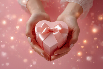 Concept for Valentine's Day. Close-up of a woman's hands holding a heart-shaped gift with a satin bow for Valentine's Day.