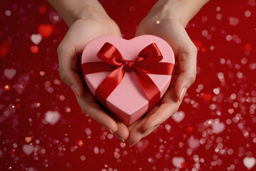Concept for Valentine's Day. Close-up of a woman's hands holding a heart-shaped gift with a satin bow for Valentine's Day.