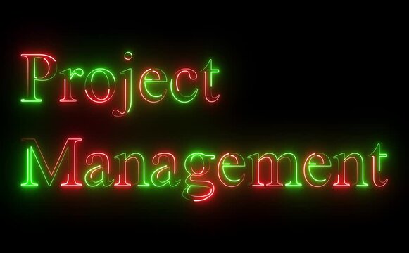 Glowing neon project management text icon animates with pulsing light, smooth looping motion, futuristic colors, symbolizing planning, collaboration, timelines, productivity, digital tools, modern bra