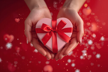 Concept for Valentine's Day. Close-up of a woman's hands holding a heart-shaped gift with a satin bow for Valentine's Day.