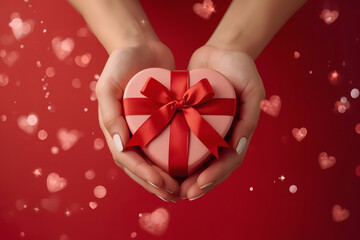 Concept for Valentine's Day. Close-up of a woman's hands holding a heart-shaped gift with a satin bow for Valentine's Day.