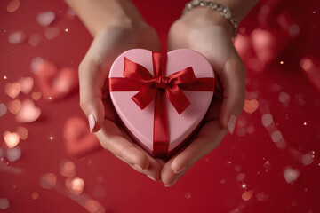 Concept for Valentine's Day. Close-up of a woman's hands holding a heart-shaped gift with a satin bow for Valentine's Day.