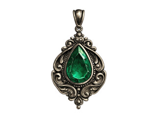 Ornate pendant with teardrop-shaped green gem and swirling silver setting