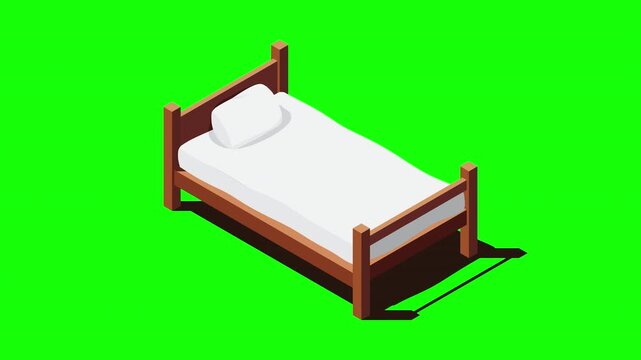 Isometric wooden bed with mattress animation. Isometric single bed. Wooden bed frame with mattress, pillow, and blanket. Isometric bedroom furniture. 4K video animated in isometric style