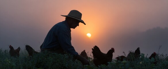 At dawn the farmer dances with chickens in the morning's golden embrace of routine.
