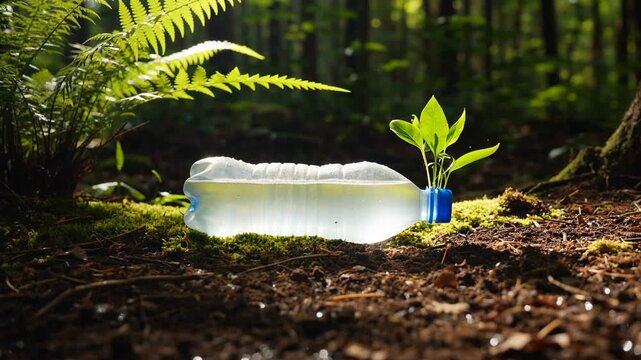 Plastic water bottle resting on mossy forest floor surrounded by ferns and dappled sunlight highlighting its contours