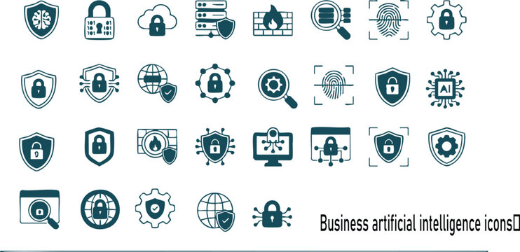 Business cybersecurity and artificial intelligence icon set with shields locks servers fingerprint globe and cloud symbols